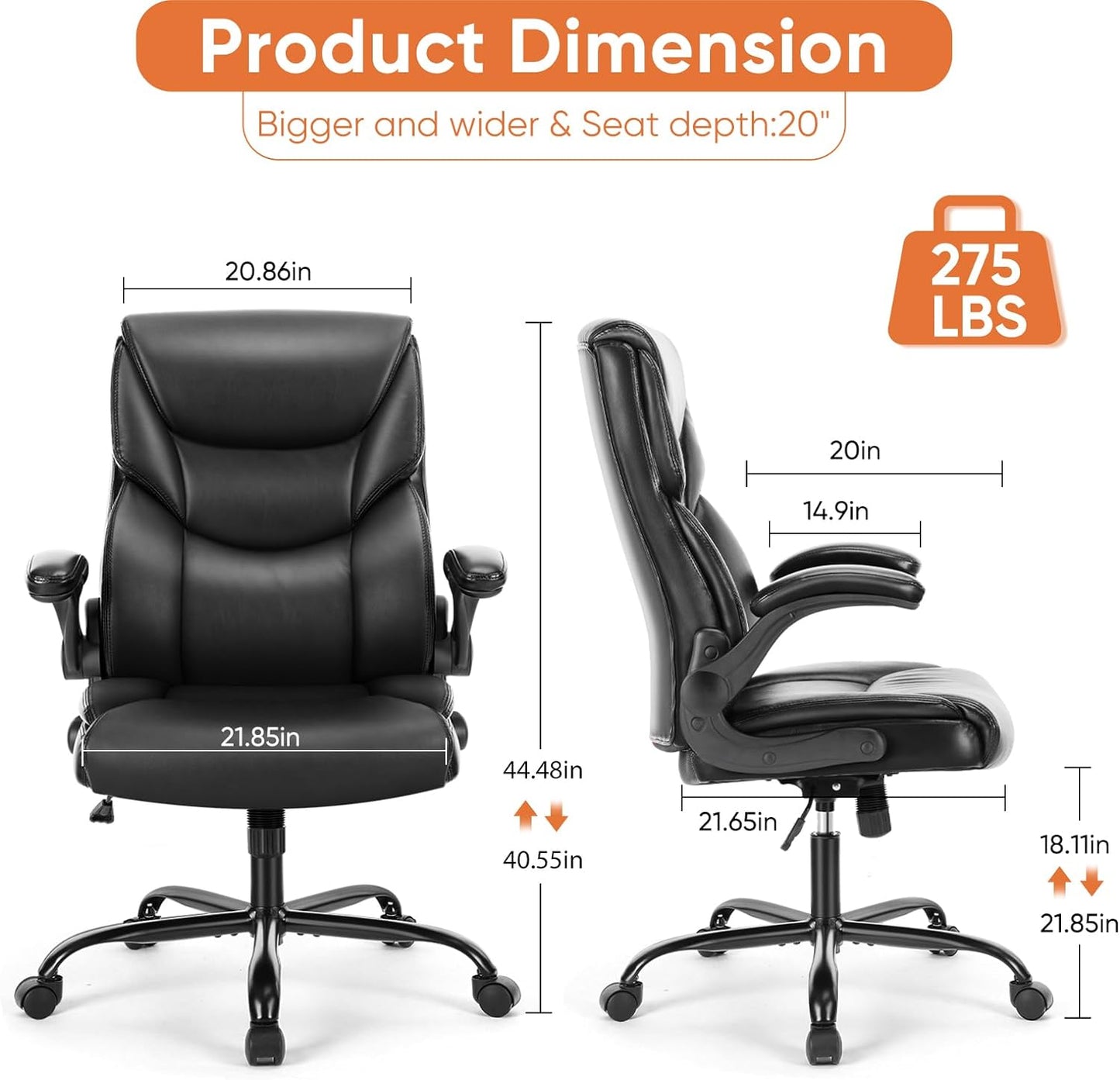 Sweetcrispy Computer Gaming Chair, Ergonomic Office Chair Heavy Duty Task Desk Chair with Flip-up Arms, PU Leather, Adjustable Swivel Rolling Chair with Wheels, Black