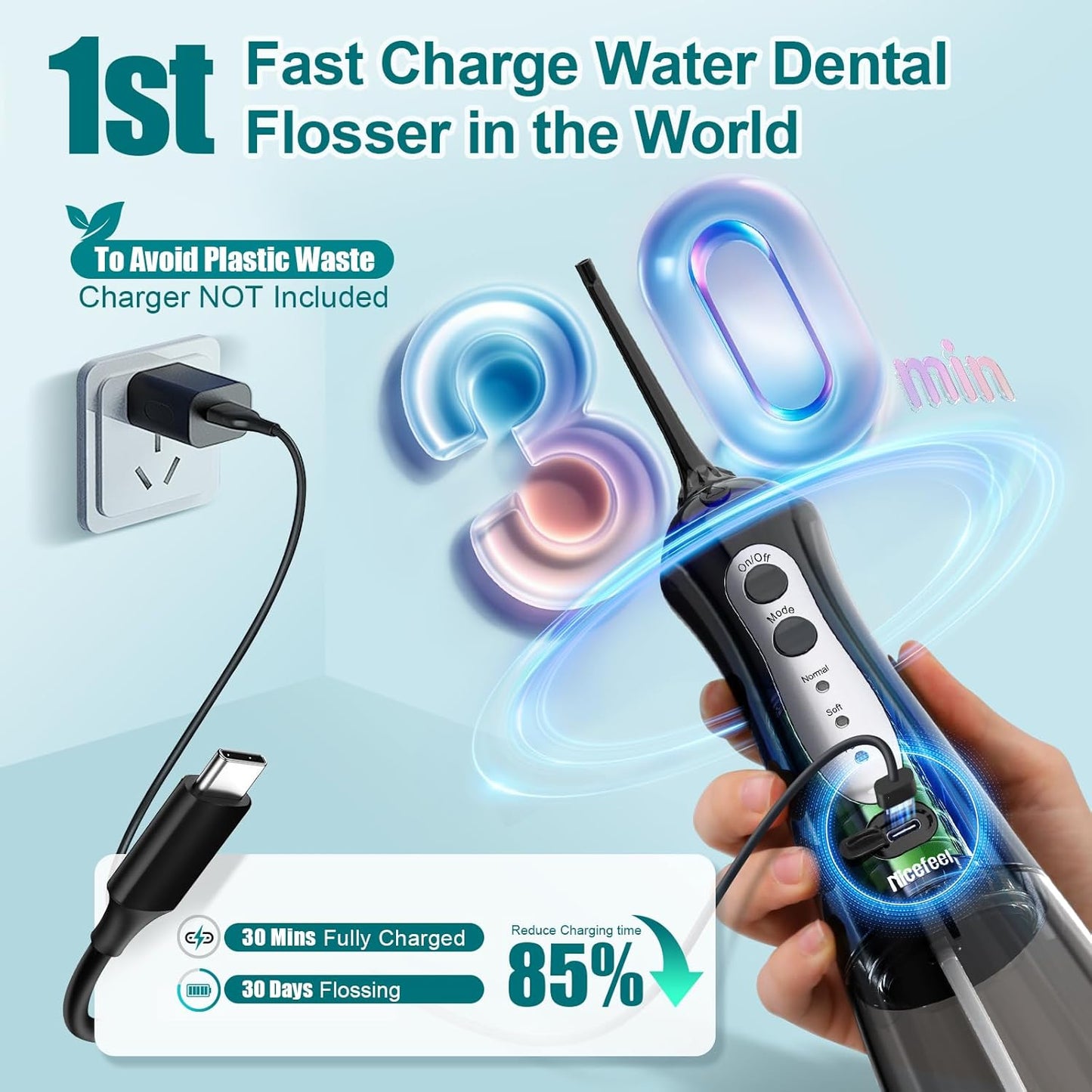 Nicefeel Water Dental Flosser Teeth Pick - Fast Charge Cordless Teeth Cleaner, 3 Modes Portable Oral Irrigator, IPX7 Waterproof Electric Water Dental Flosser for Tonsil Stone, 300ML Tank, Home Travel