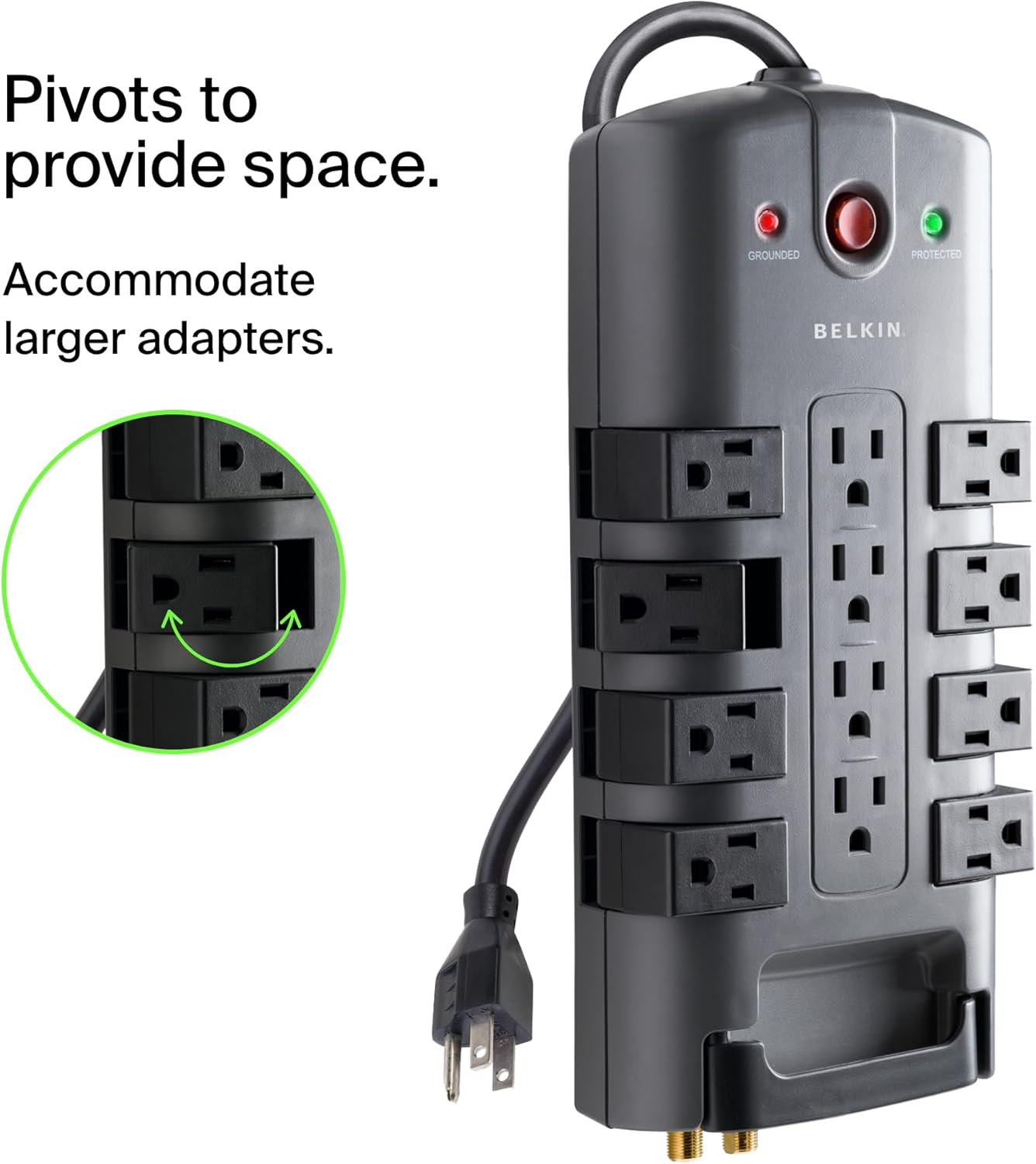 Belkin Surge Protector Power Strip w/ 8 Rotating & 4 Standard Outlets - 8ft Sturdy Extension Cord w/ Flat Pivot Plug for Home, Office, Travel, Desktop & Charging Brick - 4320 Joules of Protection