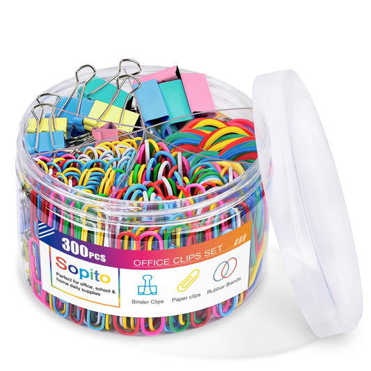 Binder Clips Paper Clips, Sopito 300pcs Colored Office Clips Set with Paper Clamps Paperclips Rubber Bands for Office and School Supplies, Assorted Sizes