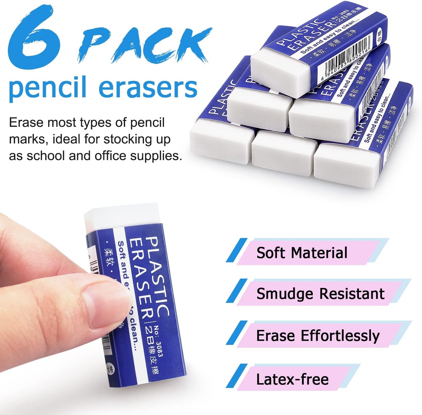 Tamaki 6 Pack Pencil Erasers, Large White Erasers for School Office, Art Erasers for Drawing