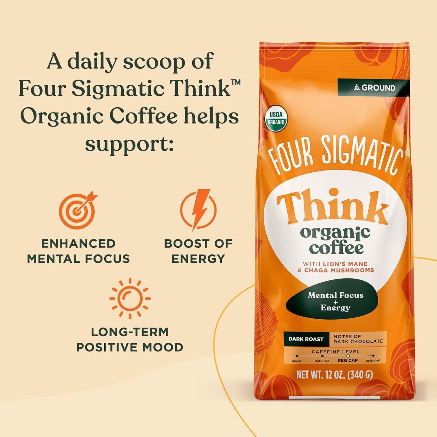 Four Sigmatic Think Mushroom Coffee | Organic Ground Coffee with Lion's Mane Mushroom and Chaga Mushroom | Nootropic Mushroom Coffee for Better Focus and Immune Support | 12oz Bag