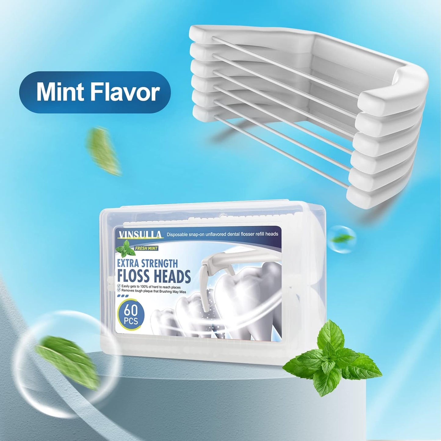 Dental Floss Clean Dental Flossers Kit with 1 Handles and 60 flosser Refill Heads Cool Mint Flavor