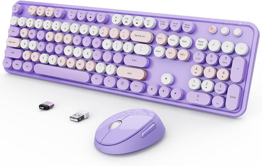 Wireless Keyboard and Mouse Combo, Ergonomic Full Size Typewriter Retro Round Keycaps Keyboard, Compatible with Windows, PC, Perfer for Home and Office Keyboards (Purple