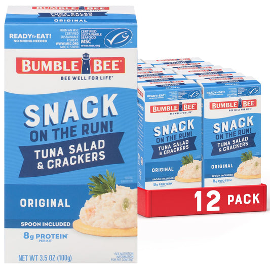 Bumble Bee Snack On The Run Tuna Salad with Crackers Kit, 3.5 oz (Pack of 12) - Ready to Eat, Spoon Included - Wild Caught Tuna - Shelf Stable & Convenient Protein Snack