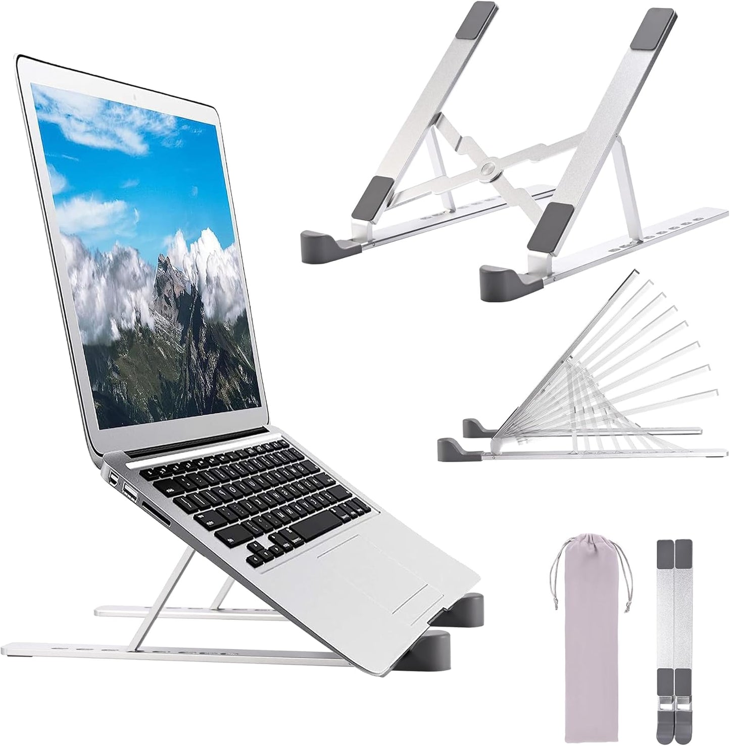 Adjustable Laptop Stand for Desk, Tablet Stand Adjustable Height, Travel Foldable Portable Laptop Stand, Aluminum Computer Stand for Laptop, Office Work From Home Accessories Essentials (Silver)