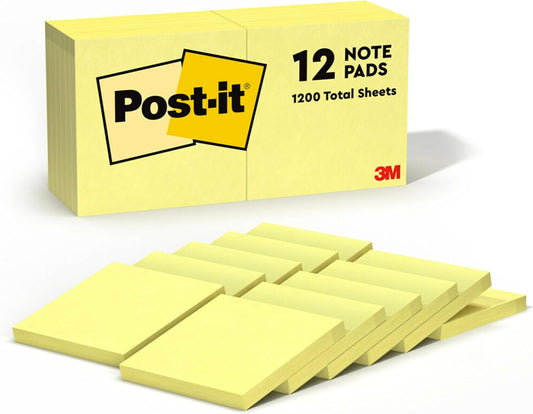 Post-it Notes, 12 Sticky Note Pads, 3 in. x 3 in., School Supplies and Office Products, Easy to Reposition Memo Pads Set, Great for Books and Paper, Canary Yellow