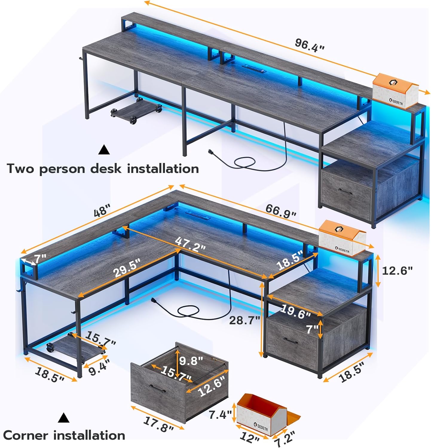 SEDETA L Shaped Office Desk, 66" Home Office Desk with File Drawer & Power Outlet, Gaming Desk with Led Lights, Corner Computer Desk with Monitor Shelf, Printer Storage Shelves, Two Person Desk, Grey