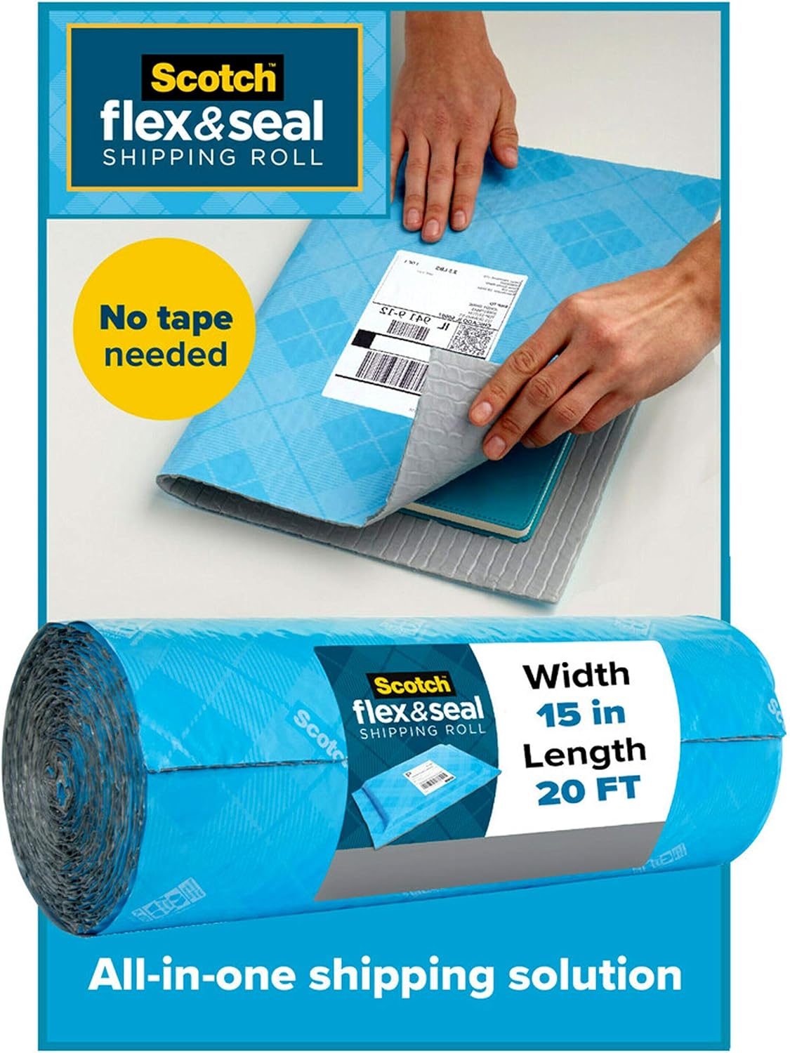 Scotch Flex and Seal Shipping Roll, 20 Ft x 15 in, Just Ship It, No Boxes, No Tape, Easy Packaging Alternative to Poly Mailers, Shipping Bags, Bubble Mailers, Padded Envelopes, Boxes (FS-1520)