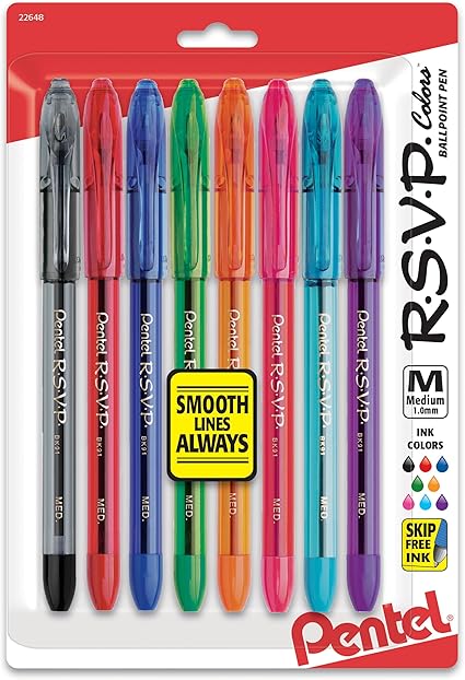 R.S.V.P.® Ballpoint Pens, Medium Point, 1.0 mm, Clear Barrel, Assorted Ink Colors, Pack Of 8