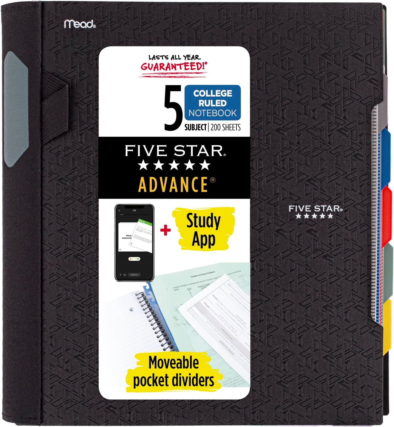 Five Star Spiral Notebook + Study App, 5 Subject, College Ruled Paper, Advance Notebook with Spiral Guard, Movable Tabbed Dividers and Expanding Pockets, 8-1/2" x 11", 200 Sheets, Black (73144)