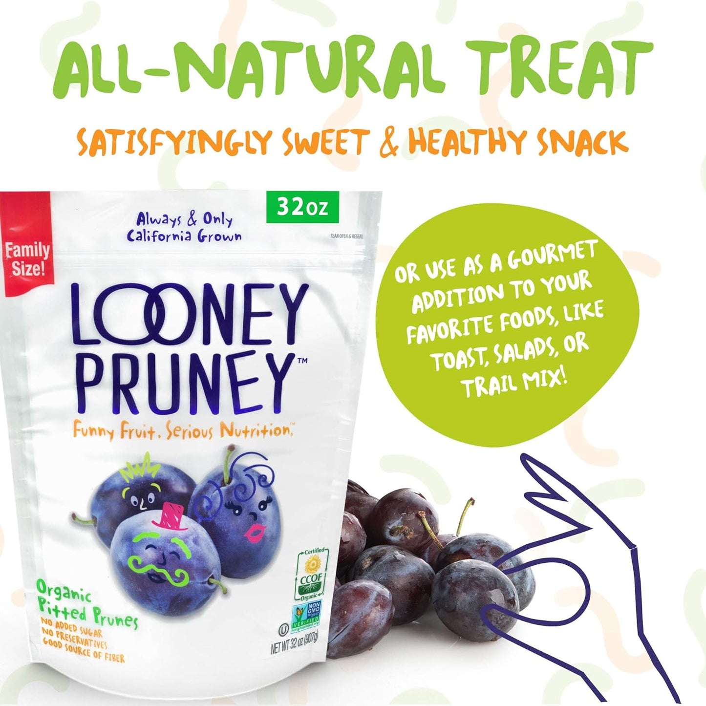 Looney Pruney Organic Pitted Dried Prunes for the Entire Family | Always California-Grown | Kosher | No Added Sugar & No Preservatives (32 oz)