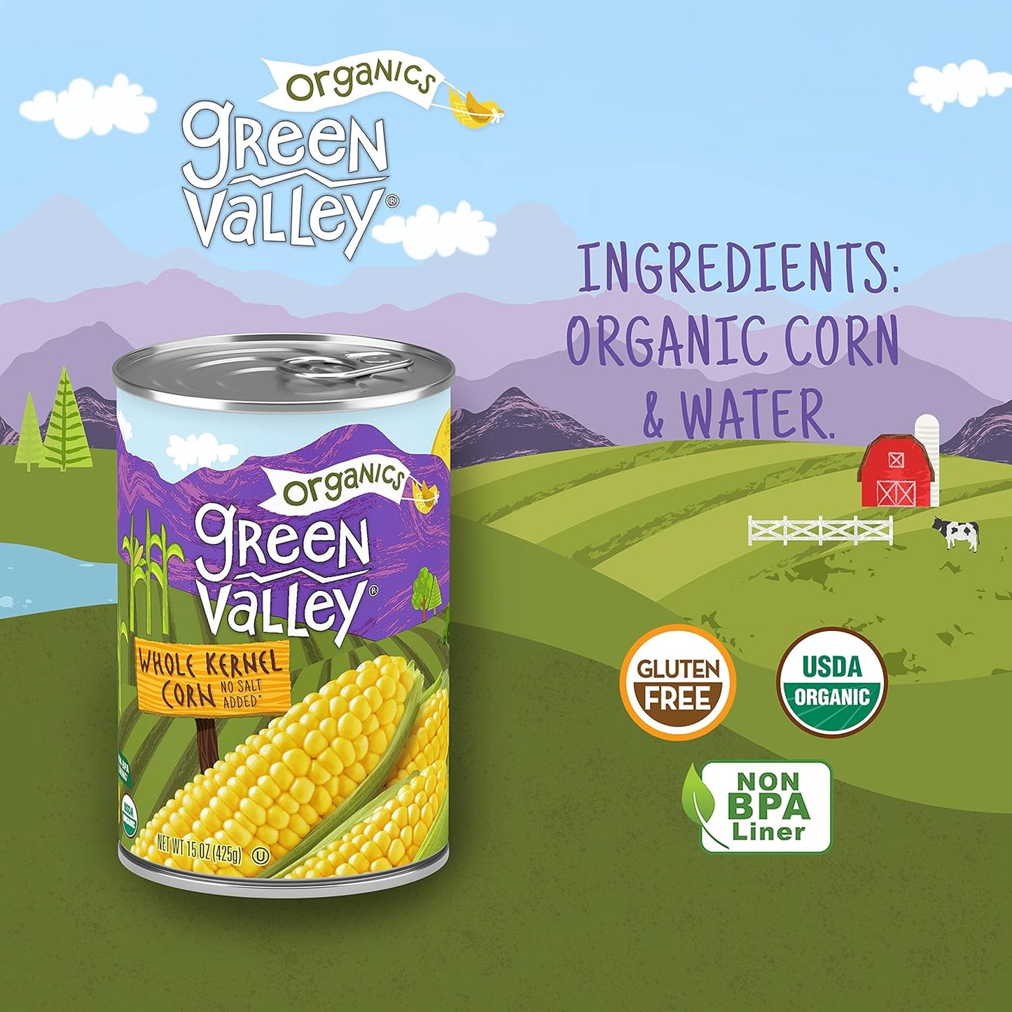 Green Valley Organics Whole Kernel Corn | Certified Organic | 100% Supersweet Variety Corn | 15 oz can (Pack of 4)