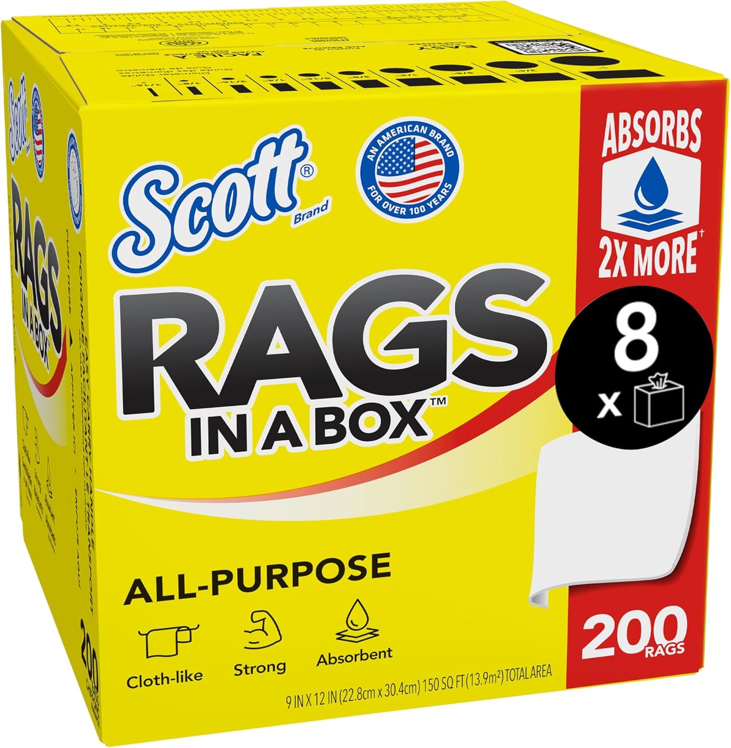 Scott® Rags In A Box™ (75260), White, 200 Shop Towels/Box, 8 Boxes/Case, 1,600 Towels/Case