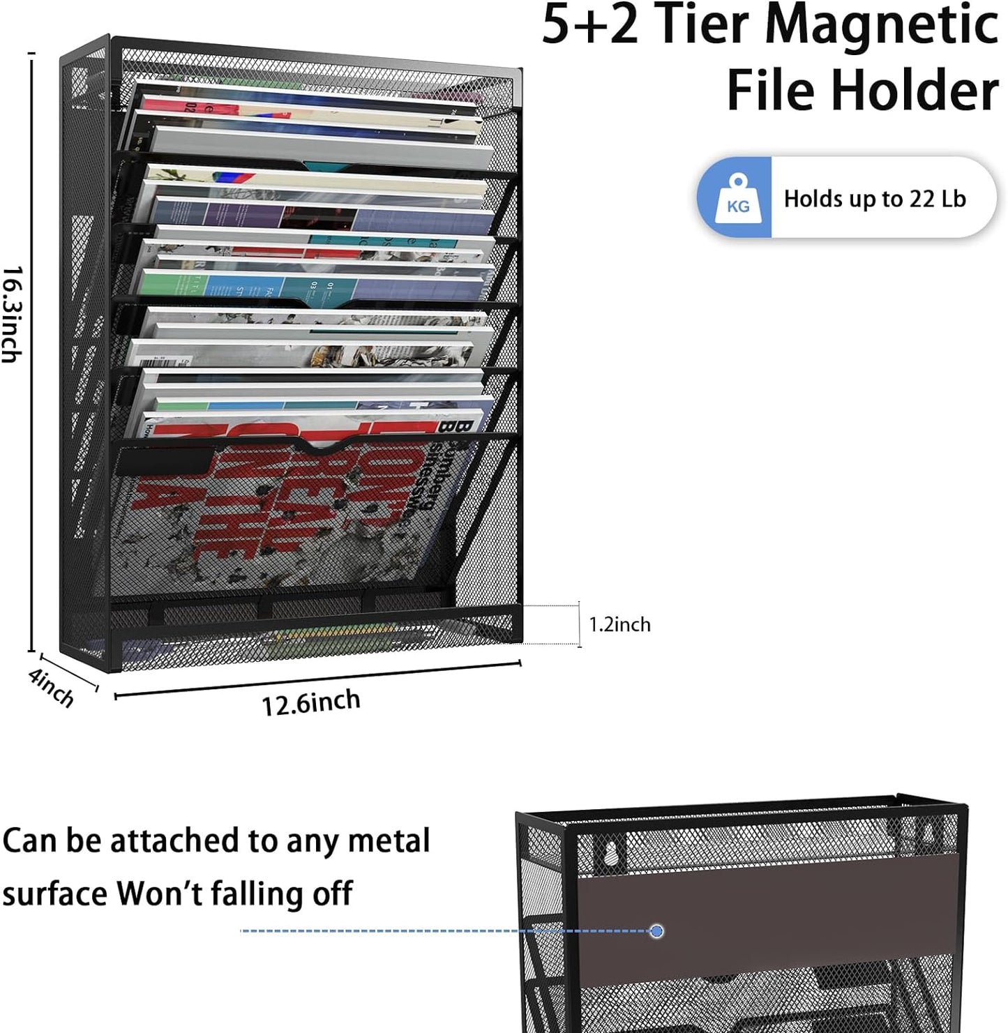 7 Tier Magnetic File Holder, No Drilling Wall File Organizer for File Cabinets Whiteboard refrigerator,Office,Classroom, Hanging Paper Folder Holder, Black