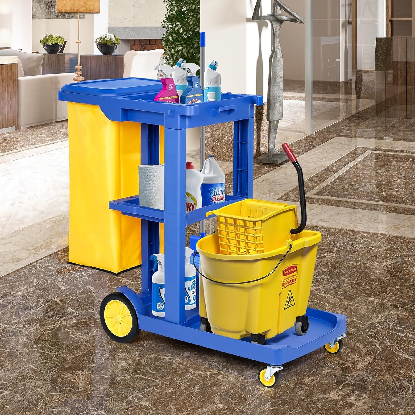 Commercial Janitorial Cart 3 Shelf, Housekeeping Janitor Cleaning cart, 200 Lbs Large Capacity Janitorial cart, Wheeled with 22 Gallon Yellow Vinyl Bag and Cover lid, Blue