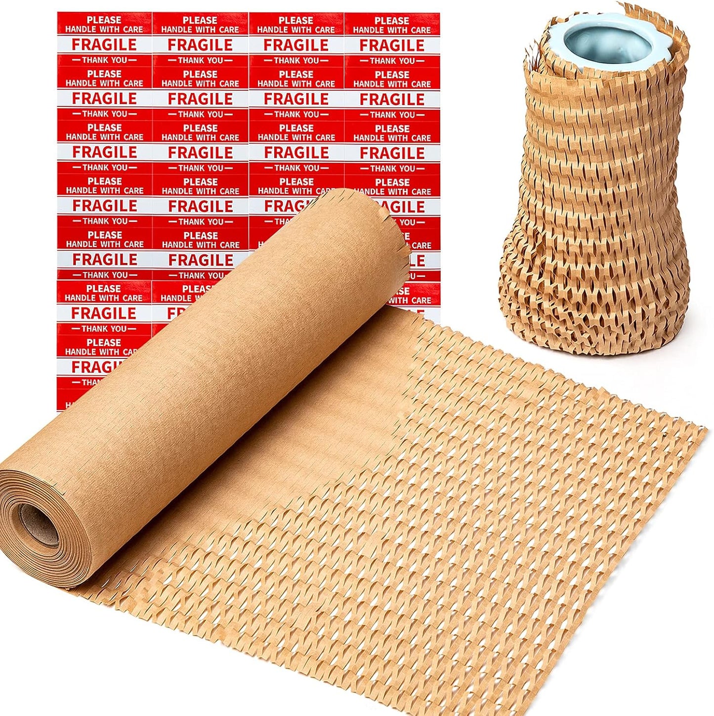 Packing Moving Paper 12"x500' Eco Friendly Honeycomb Cushioning Wrap Roll with 50 Fragile Stickers - Protective Kraft Packaging Moving Shipping Suppliers Brown