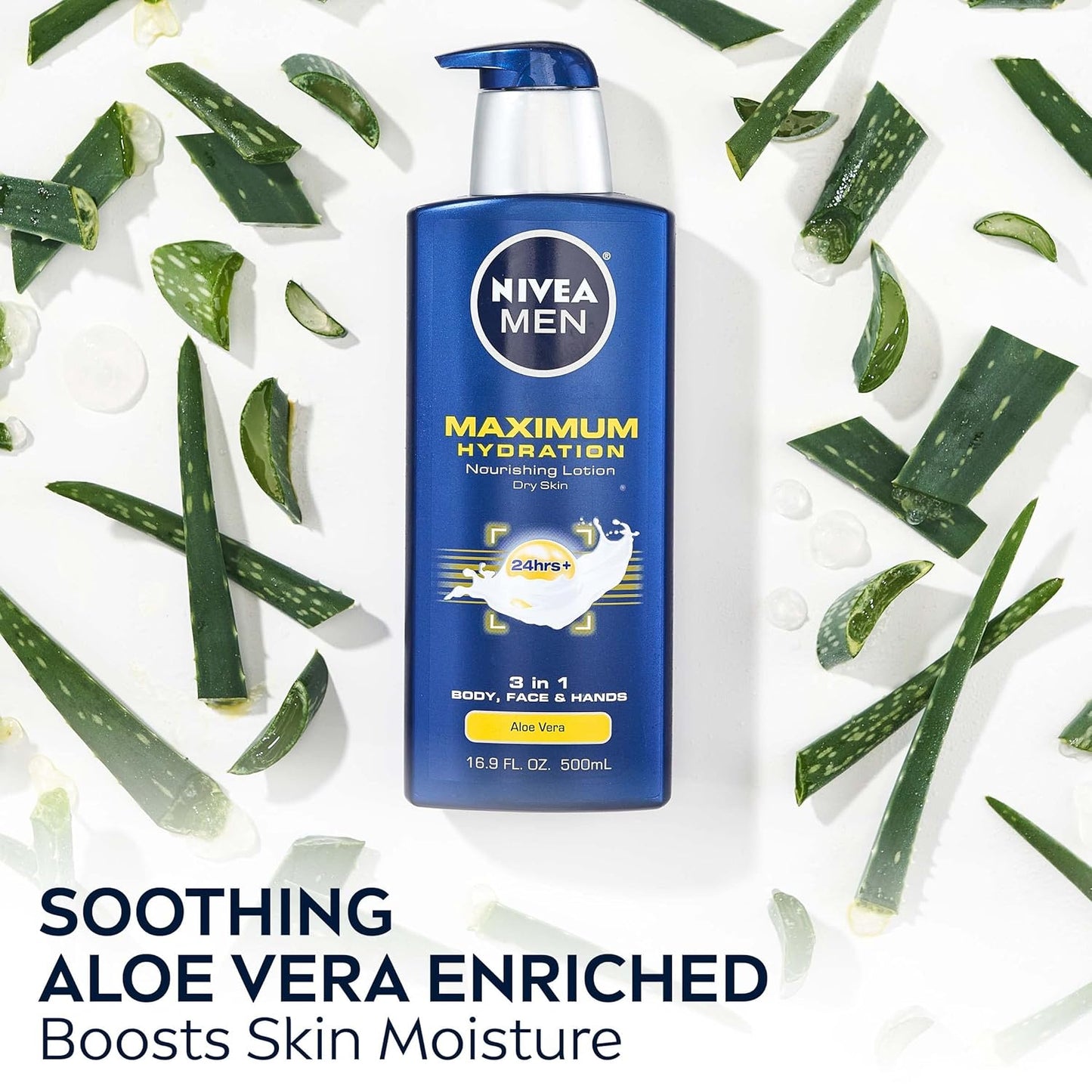 NIVEA MEN Maximum Hydration 3-in-1 Nourishing Body Lotion with Aloe Vera, Body Lotion for Men with Dry Skin, 16.9 Fl Oz Bottle