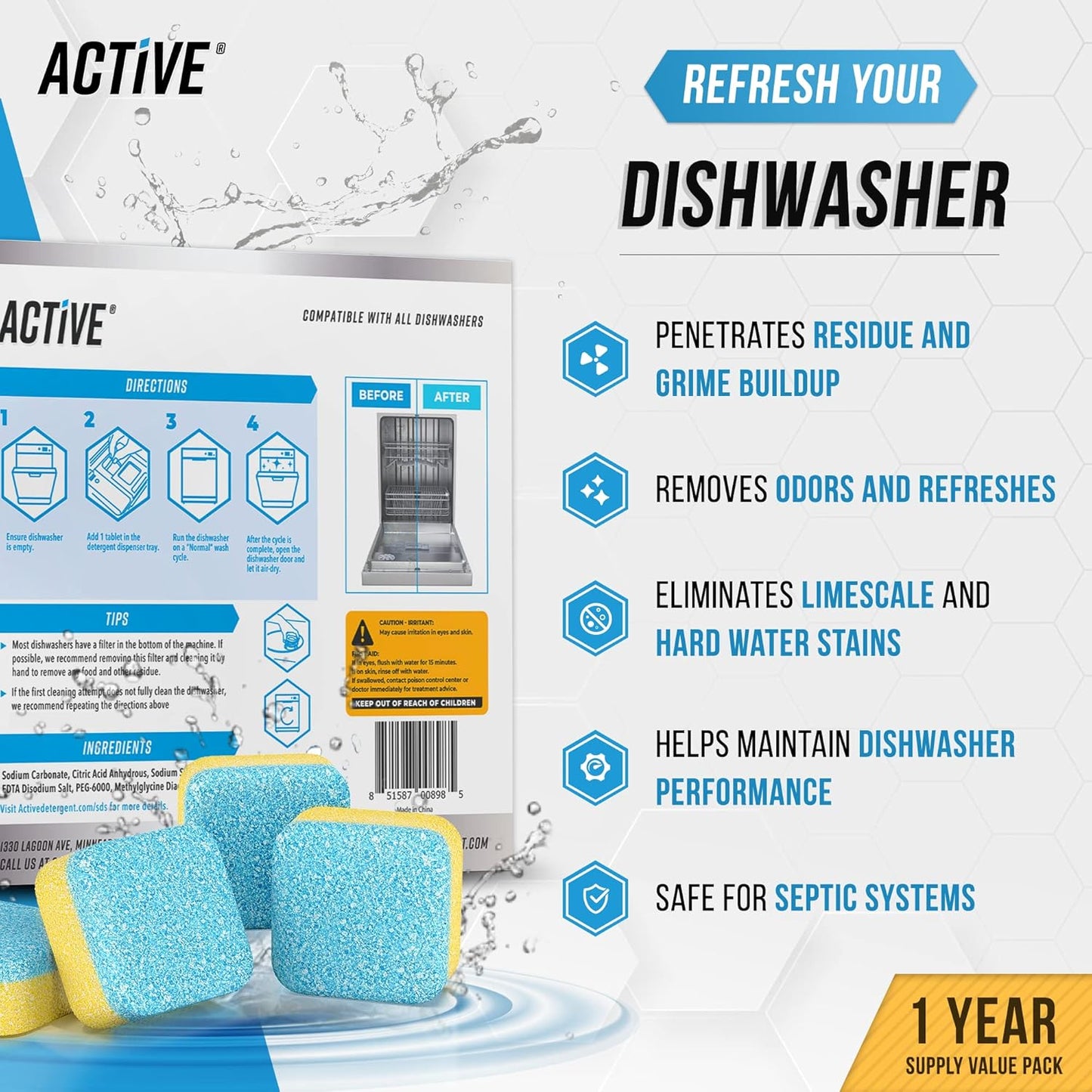 Dishwasher Cleaner And Deodorizer Tablets - 24 Pack Deep Cleaning Descaler Pods for Dish Washer Machine, Heavy Duty, Septic Safe, Natural Limescale Remover, Calcium, Odor, Smell - 12 Month Supply