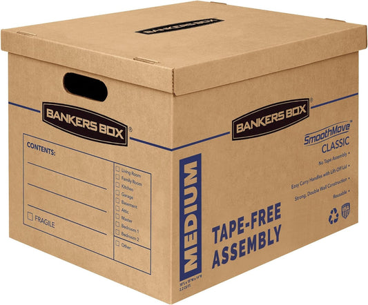 Bankers Box Medium Classic Moving Box 8 Pack, Reinforced Handles, Tape-Free Assembly, Box with Lid, 19-in x 14.5-in x 15.5-in (7717201)