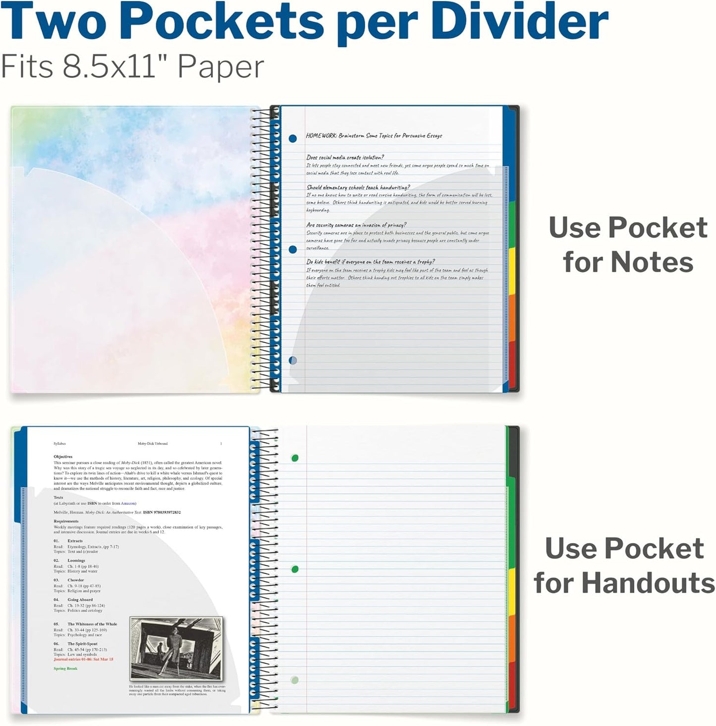 CRANBURY 5-Subject Notebook College Ruled, Movable Pocket Dividers, 200 Sheets (400 Pages) 8.5x11 College Rule Paper, 8.5 x 11 Spiral Notebook with Tabs, 2 Plastic Covers, Multi Subject Notebook