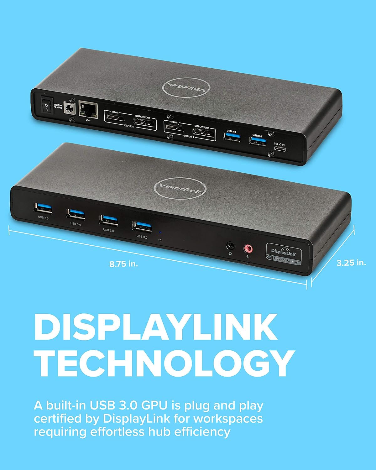 VisionTek VT4000 Universal USB Dual Monitor Docking Station - 2x HDMI, 2x DP, 6x USB-A, Audio and Ethernet for Windows / MacOS / ChromeOS