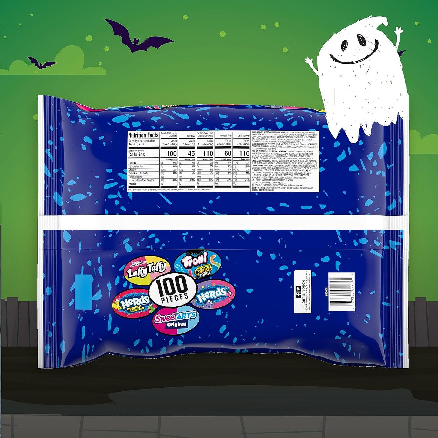 Ghost Goodies Halloween Candy Mixed Bag, SweeTARTS, Nerds, Trolli, Laffy Taffy, 100 count