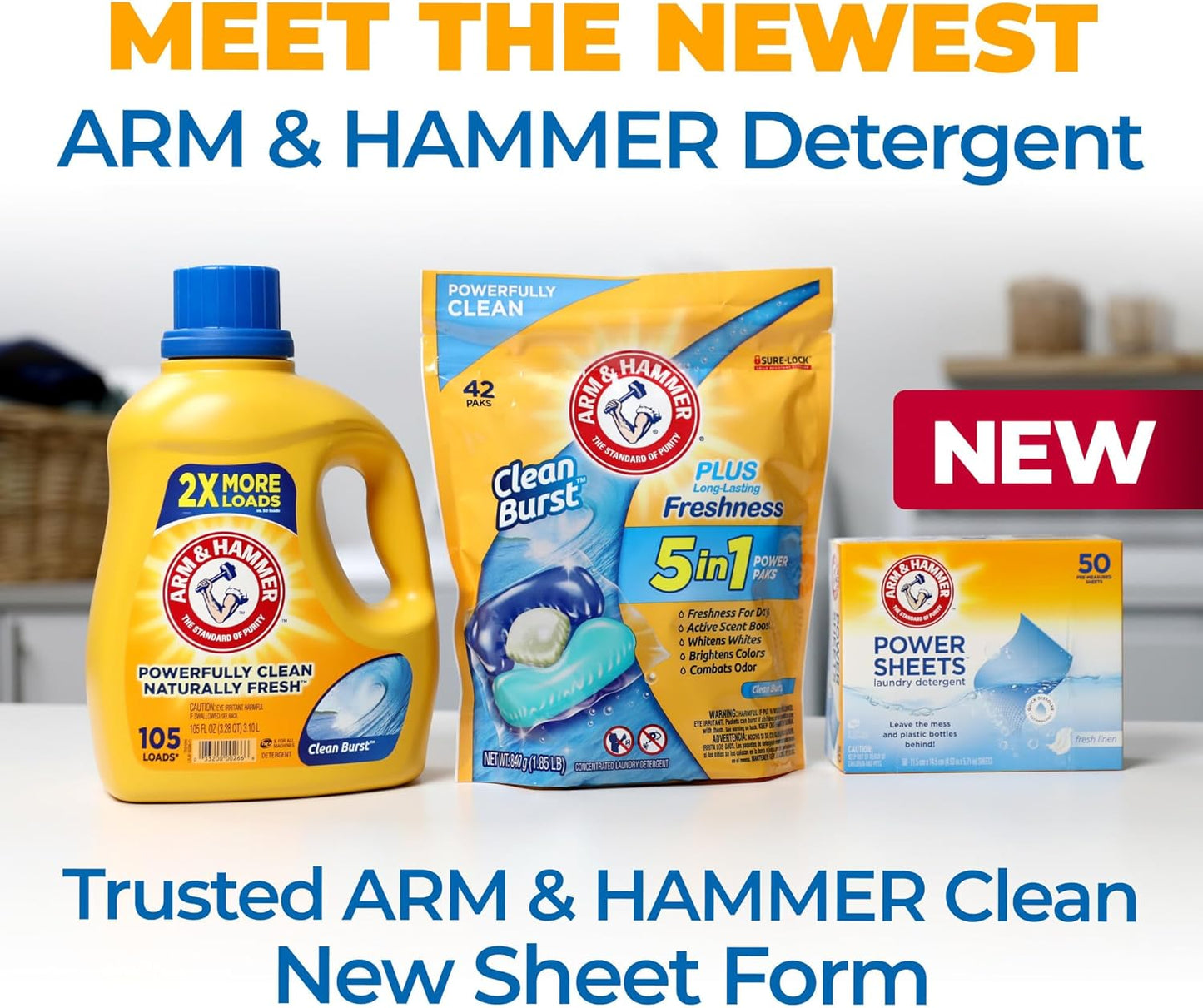 Arm & Hammer Power Sheets Laundry Detergent, Fresh Linen 50ct, up to 100 Small Loads (Packaging may vary)