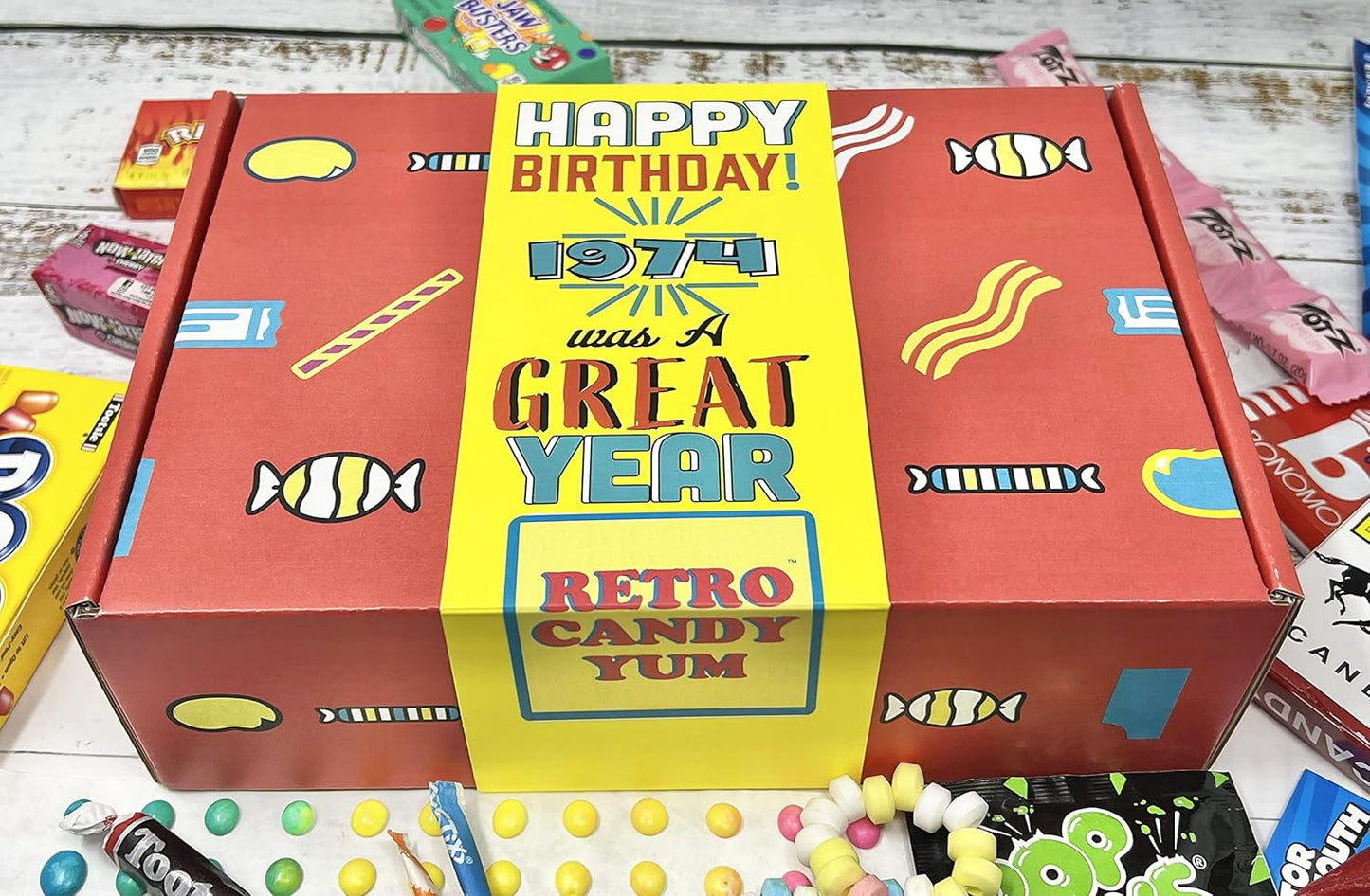 RETRO CANDY YUM ~ 1974 50th Birthday Gift Box of Nostalgic Candy from Childhood for 50 Year Old Man or Woman Born 1974 Jr