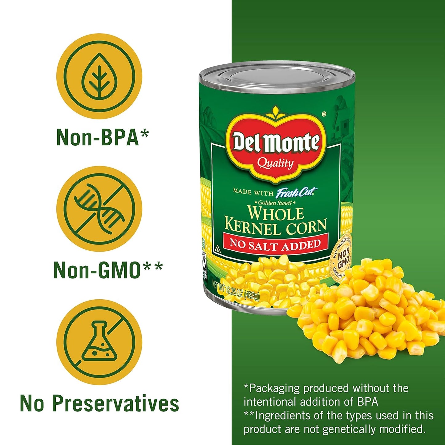 Del Monte Canned Golden Sweet Whole Kernel Corn No Salt Added, 15.25 Ounce (Pack of 24) Canned Corn