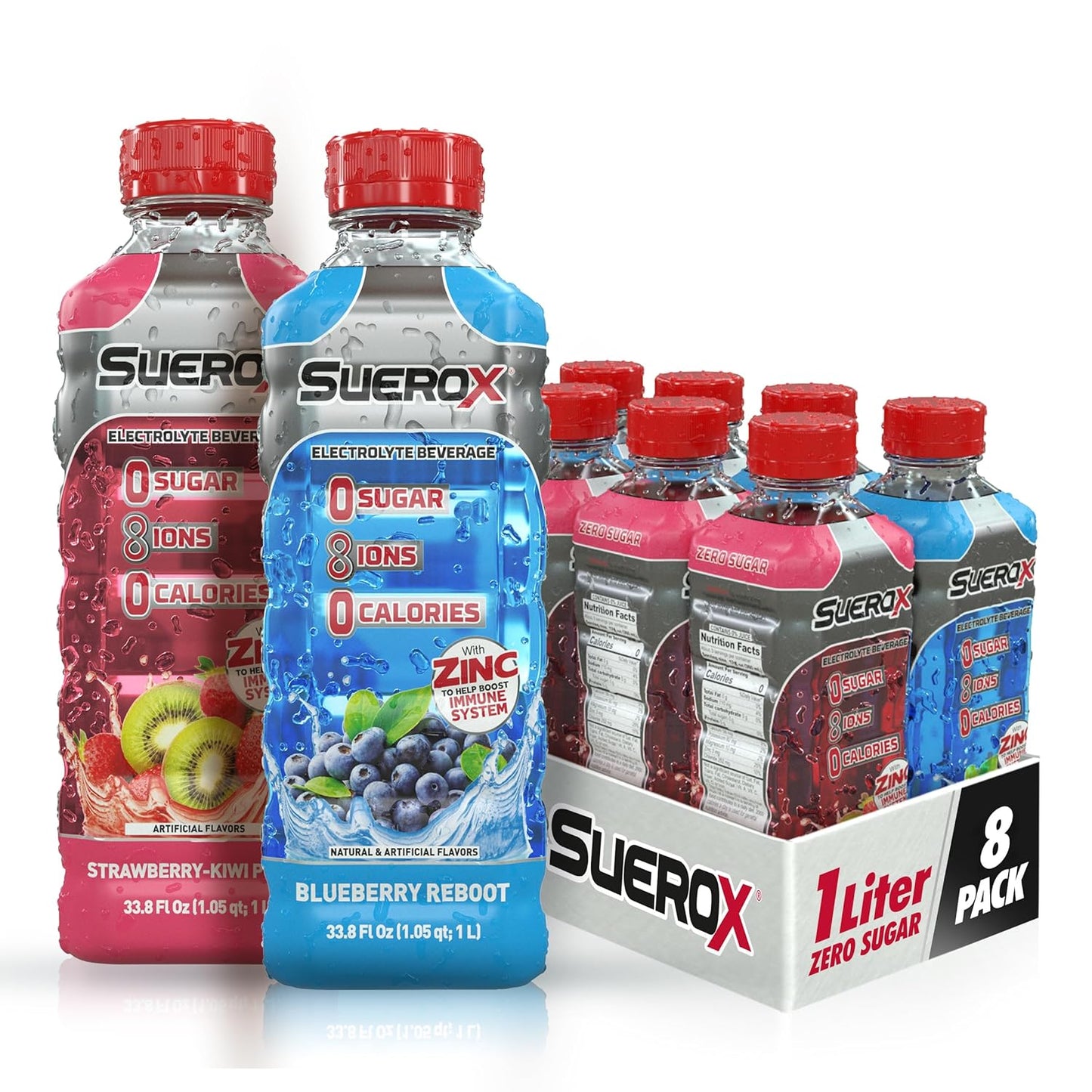 SueroX Zero Sugar Electrolyte Drink, Sugar Free Hydration Beverage, Unique Blend of 8 Ions & Electrolytes, Zero Calorie Sports Drink, Berry XL Pack, 1- Liter, 8 Count