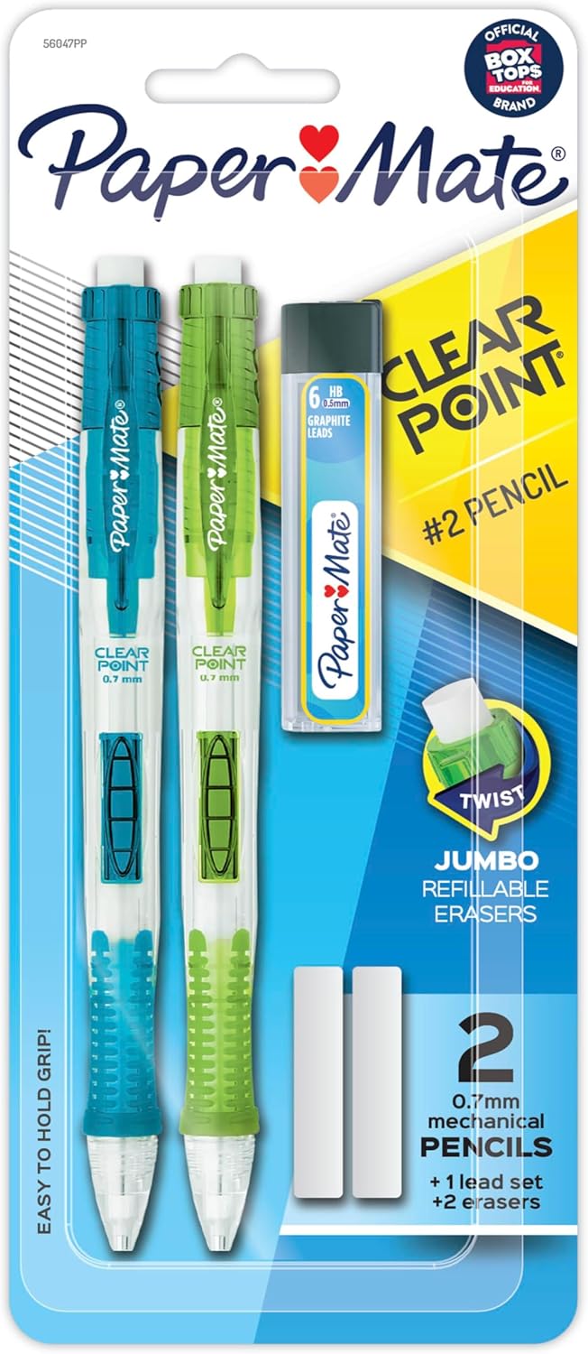 Paper Mate Clearpoint Mechanical Pencils 0.7mm, HB #2 Pencil Lead, 2 Pencils, School Supplies, Teacher Supplies, Drawing Pencils, Sketching Pencils, 1 Lead Refill Set, 2 Erasers