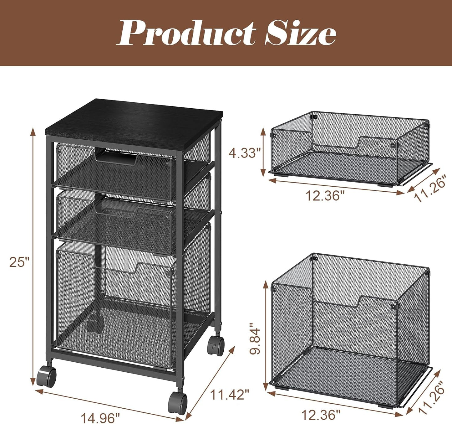 Rolling File Cart with 3 Drawers, Under Desk Storage Mobile Filing Cabinet for Home Office, Hanging File Folders Organizer, Utility Cart with Wheels, Printer Stand, Black