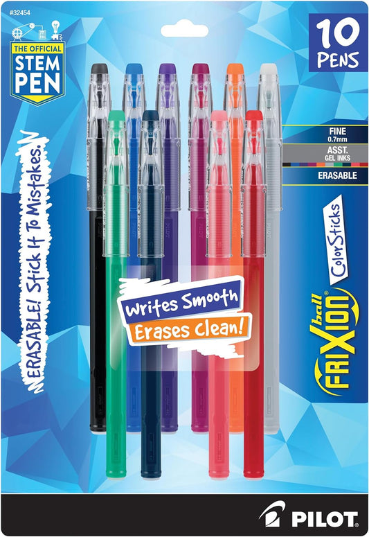 Pilot, FriXion ColorSticks Erasable Gel Ink Pens, Fine Point 0.7 mm, Pack of 10, Assorted Colors