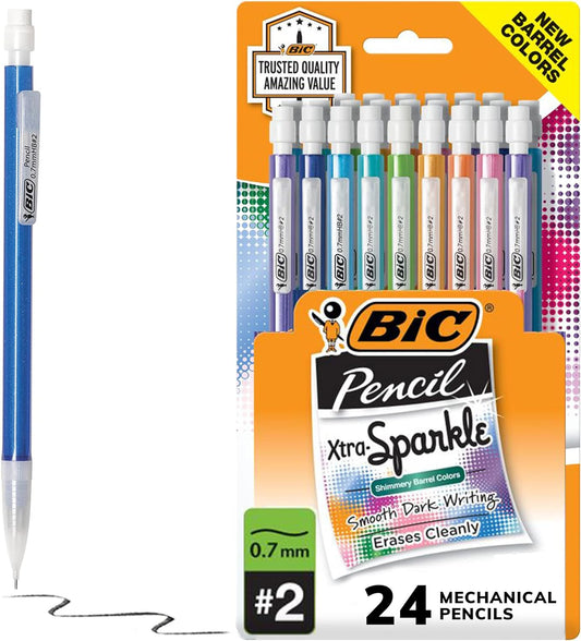 BIC Xtra-Sparkle Number 2 Mechanical Pencils With Erasers (MPLP241-BLK), Medium Point (0.7mm), 24-Count Pack, Cute Mechanical Pencils For Girls, Boys and Adults (Barrel Colors May Vary)