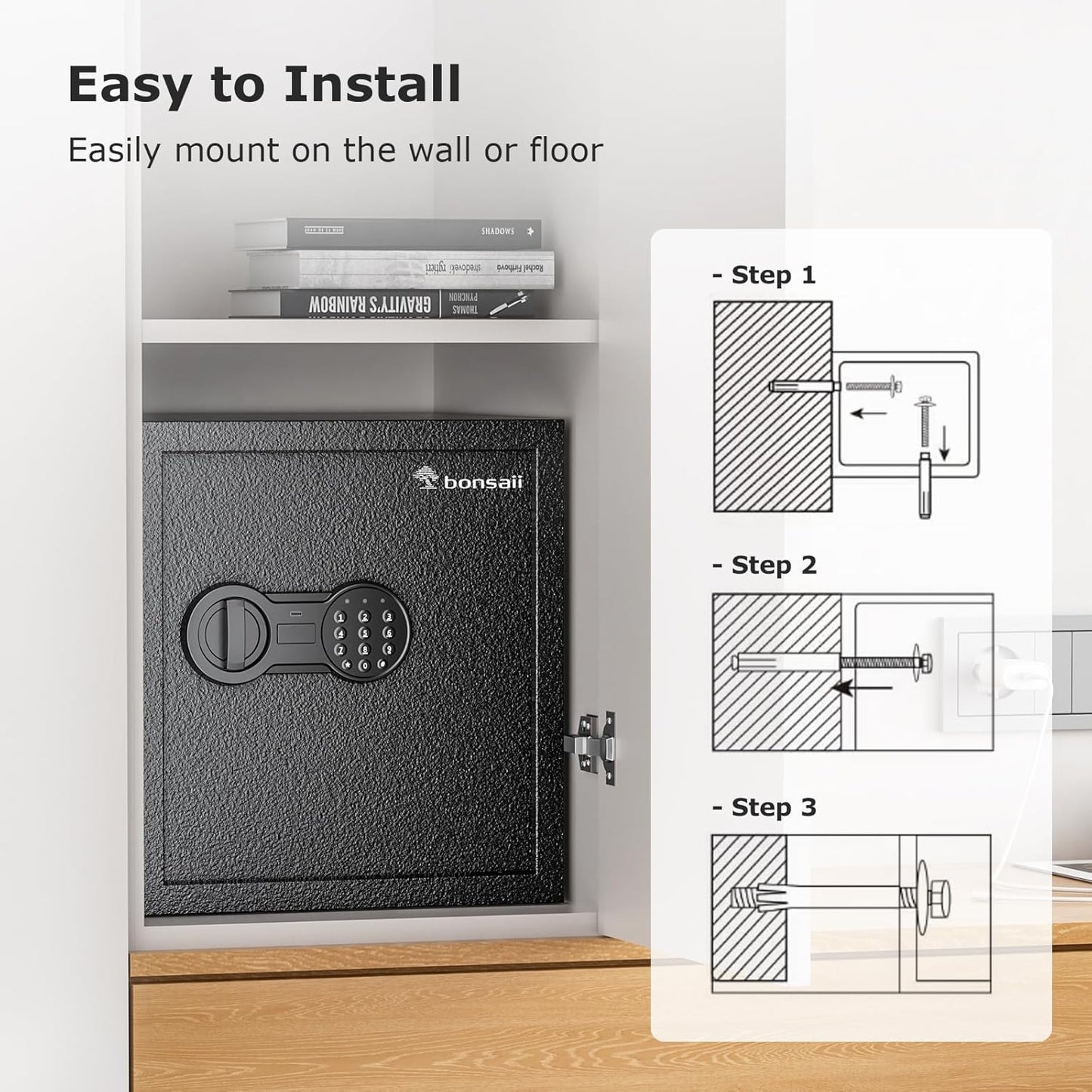 Bonsaii Steel Safe Box, Document Safe with Digital Keypad Lock, 1.2 Cubic Feet Security Electronic Safe with Removable Shelf for Home, Hotel, Office, Valuables, Money 12.99 x 14.17 x 12.99 Inches