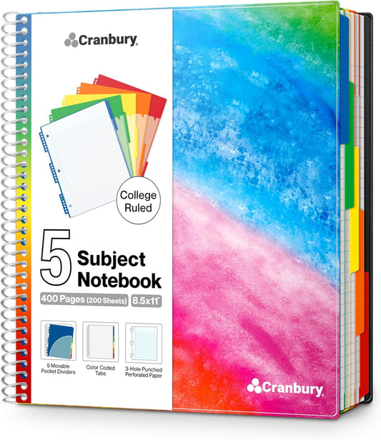 CRANBURY 5-Subject Notebook College Ruled, Movable Pocket Dividers, 200 Sheets (400 Pages) 8.5x11 College Rule Paper, 8.5 x 11 Spiral Notebook with Tabs, 2 Plastic Covers, Multi Subject Notebook