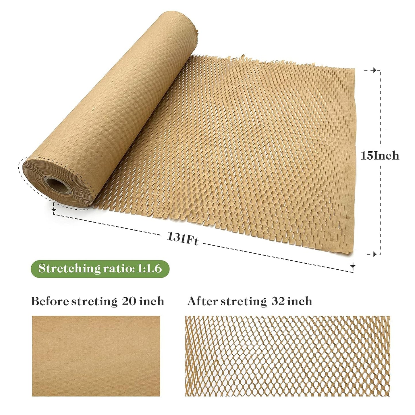 Honeycomb Packing Paper, 15" x 131' Packing Paper Substitute Alternative for Bubble Cushioning Wrap for Moving Shipping Packaging, Recyclable Moving Supplies Bubble Packing Wrap Protective Roll