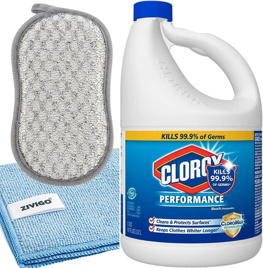 Bleach Liquid Cleaner, Regular Bleach for Laundry and Bathroom, 121 Oz. Bottle - BUNDLE With Zvigo-Microfiber Cleaning Towel + 1 Dual-Sided Sponge