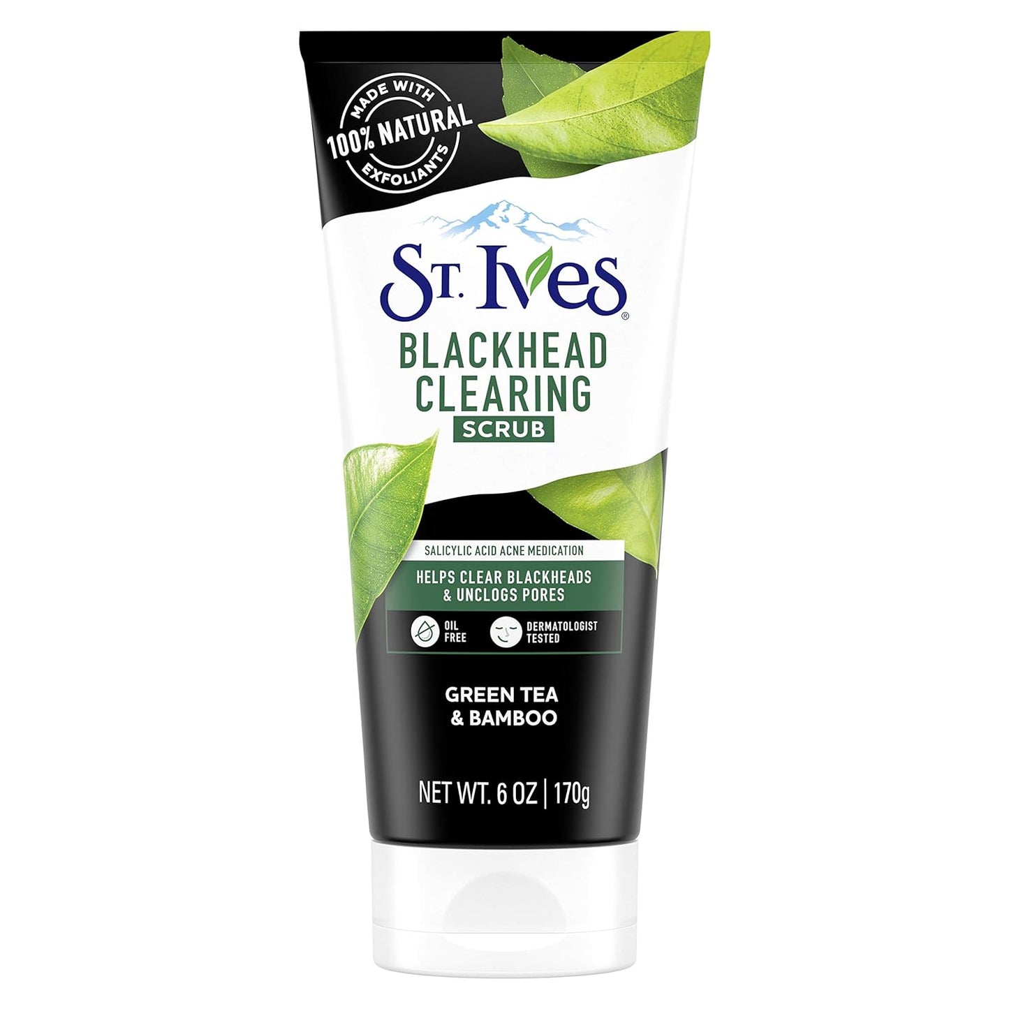 St. Ives Blackhead Clearing Face Scrub, Clears Blackheads & Unclogs Pores, Green Tea & Bamboo, Salicylic Acid Acne Treatment Facial Scrub, Moderate Exfoliator Skin Care with Natural Exfoliants 6 oz