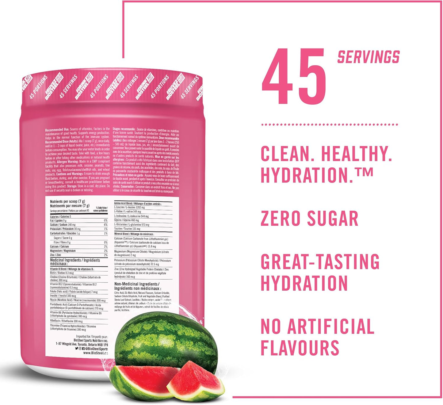 BioSteel Hydration Mix - Sugar Free, Essential Electrolyte Sports Drink Powder - Watermelon - 45 Servings