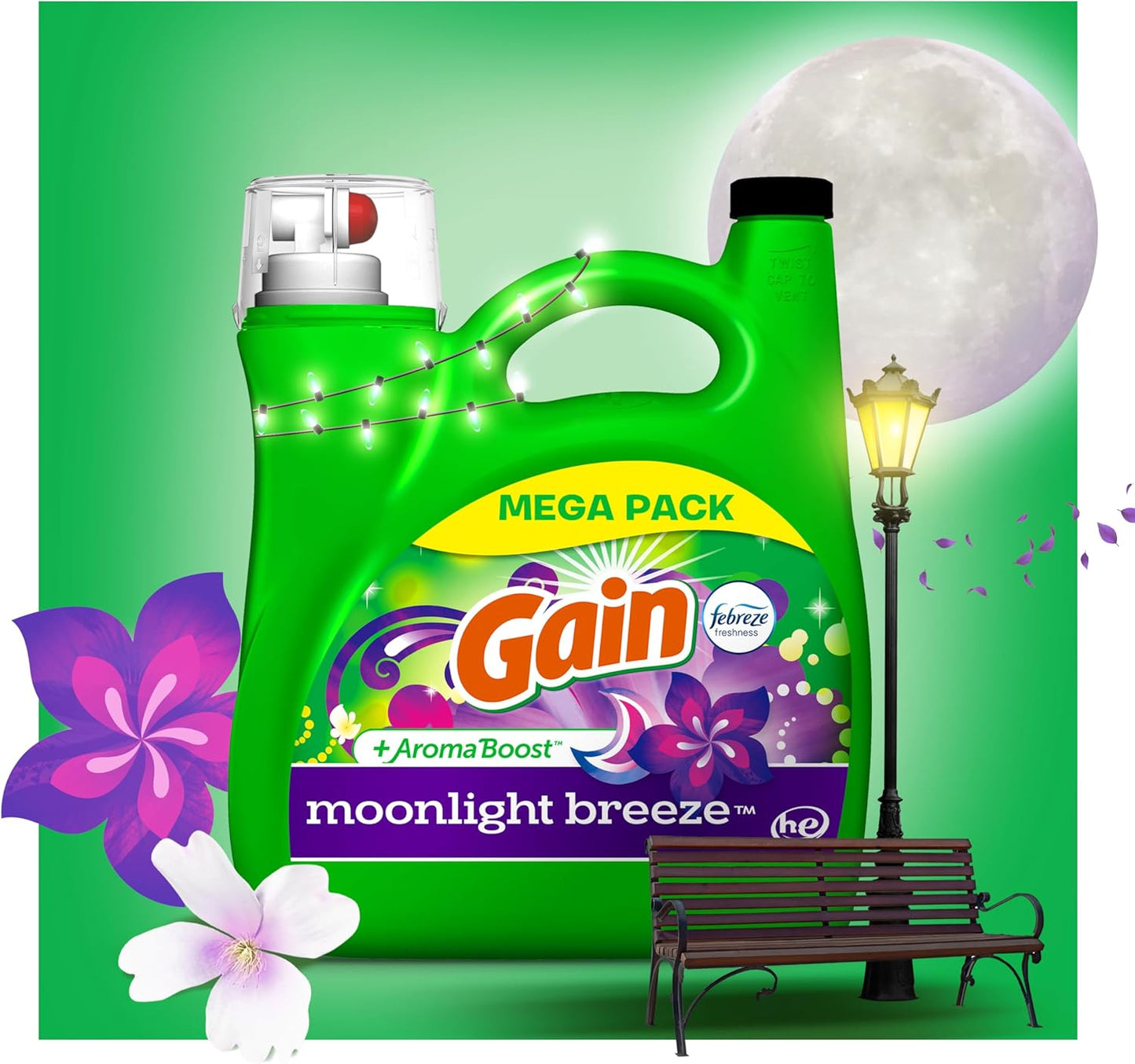 Gain + Aroma Boost Liquid Laundry Detergent, Moonlight Breeze Scent, 107 Loads, 154 Fl Oz, HE Compatible with Febreze and Oxi (125)