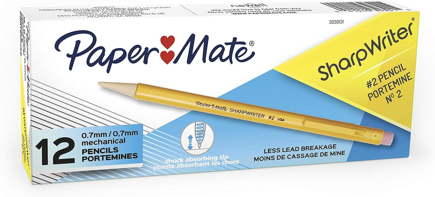 Paper Mate SharpWriter Mechanical Pencils, 0.7mm, HB #2, Yellow, 12 Count