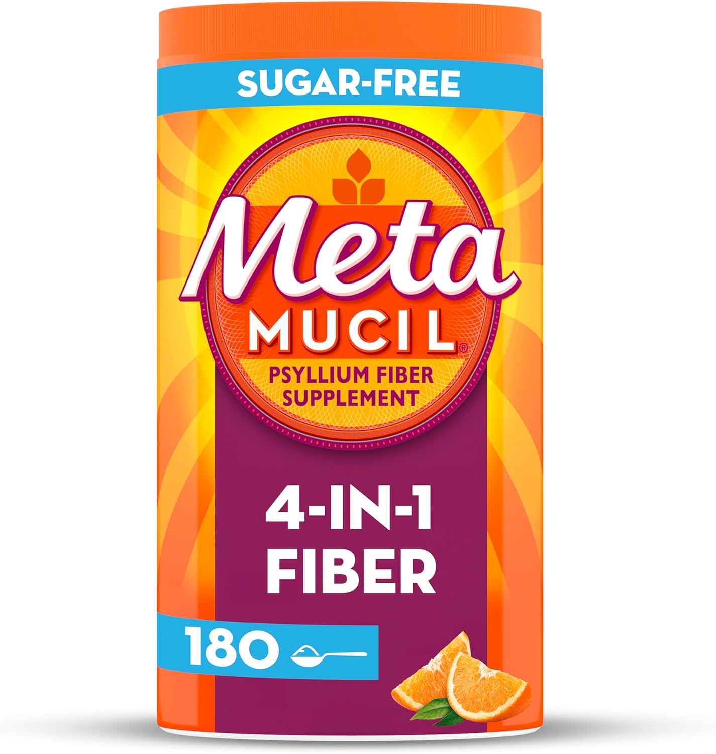 Metamucil 4 in 1 Daily Fiber Supplement Powder, Fiber Powder for Digestive Health and Regularity*, Sugar-Free, Orange, Naturally Sourced Psyllium Fiber, 180 teaspoons