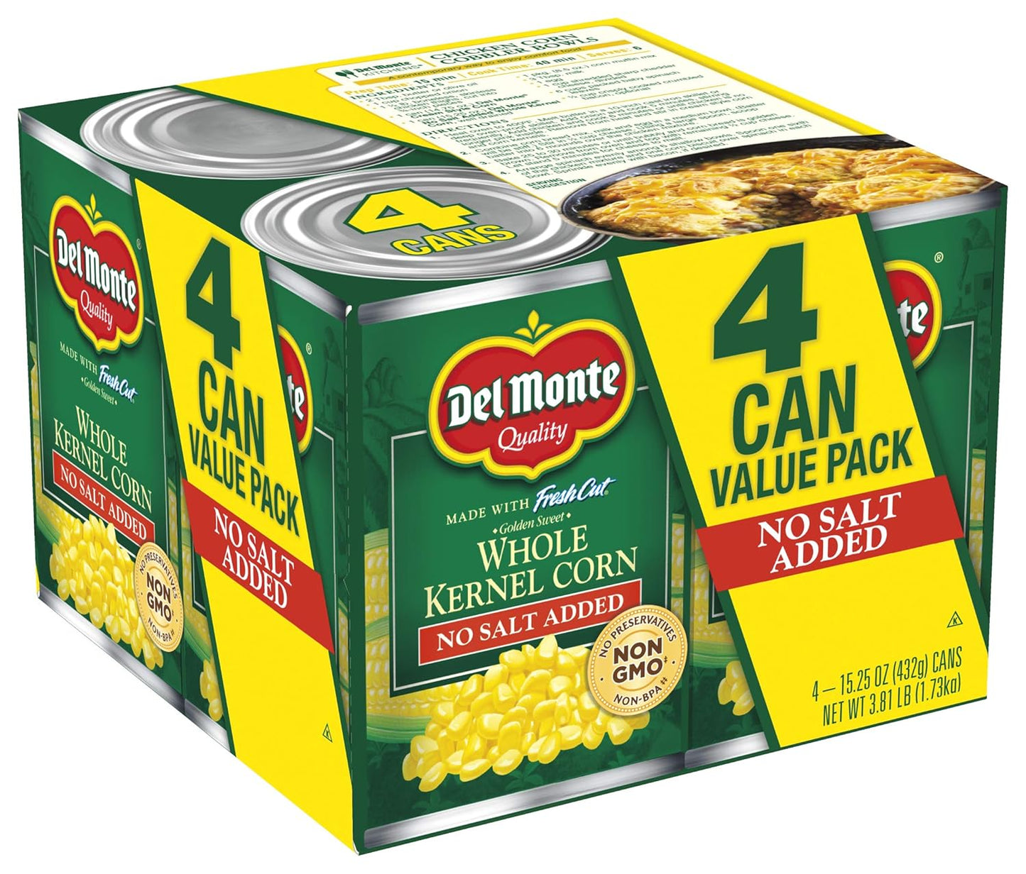 Del Monte Fresh Cut Golden Sweet Whole Kernel Corn With No Added Salt 4-15.25 Oz. Can, 15.25 Oz (Pack Of 4)