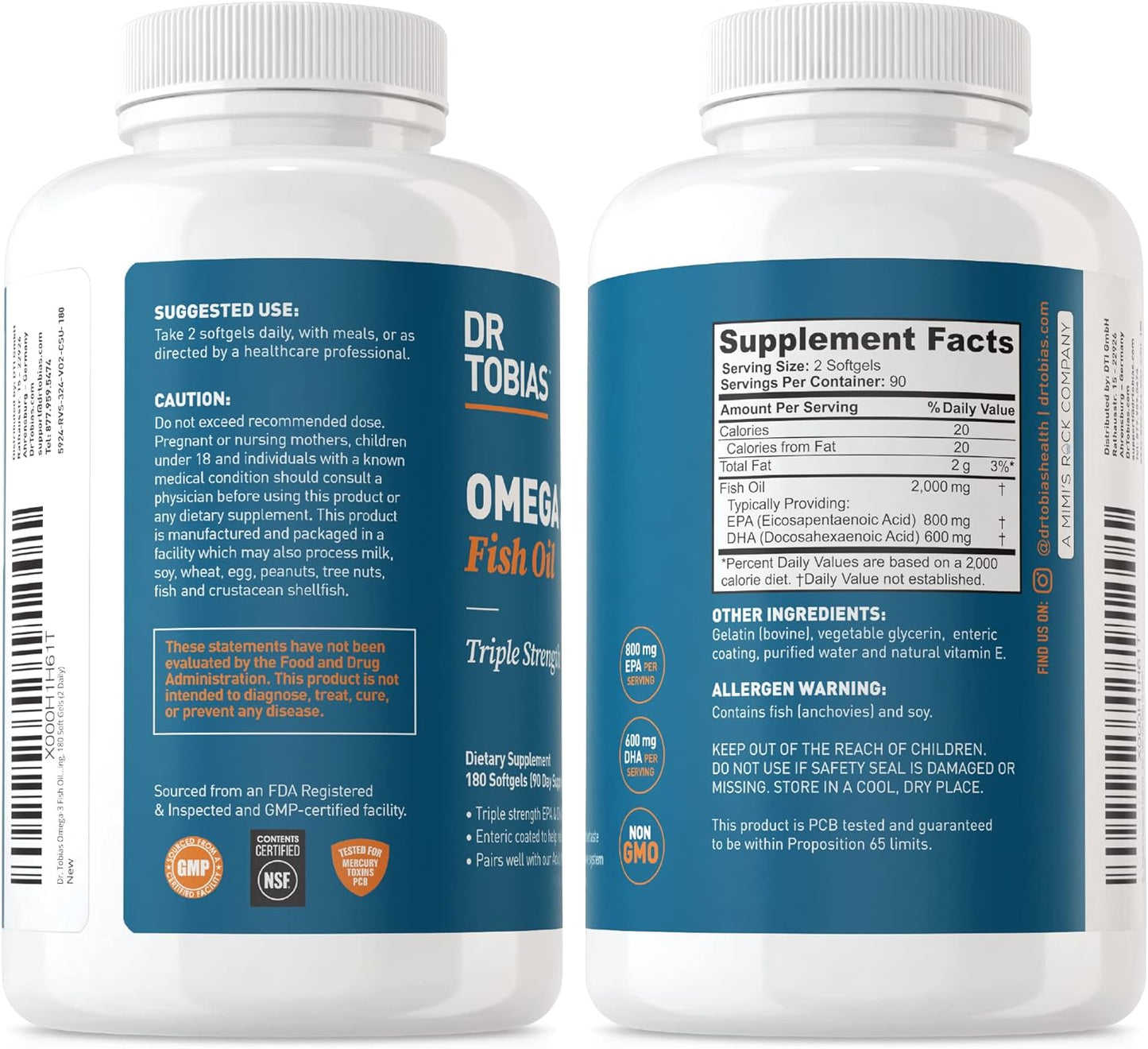 Dr. Tobias Omega 3 Fish Oil, 2000mg Triple Strength Omega 3 Supplement with 800mg EPA 600mg DHA Per Serving, Fish Oil Omega 3 Supplements for Heart, Brain & Immune Support, 180 Softgels, 90 Servings