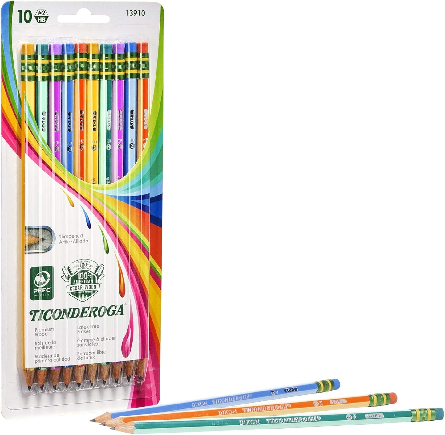 Ticonderoga X13910 Striped Wood-Cased Pencils, 2 HB Soft, Pre-Sharpened, 10 Count, Assorted Colors