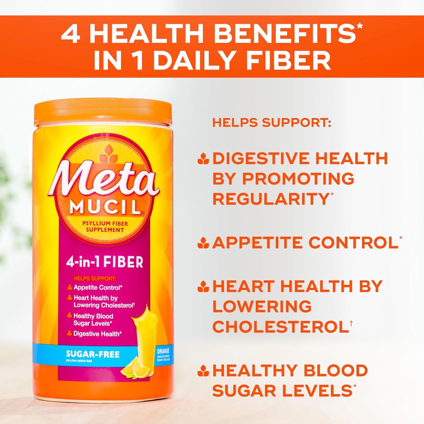 Metamucil 4 in 1 Daily Fiber Supplement Powder, Fiber Powder for Digestive Health and Regularity*, Sugar-Free, Orange, Naturally Sourced Psyllium Fiber, 180 teaspoons