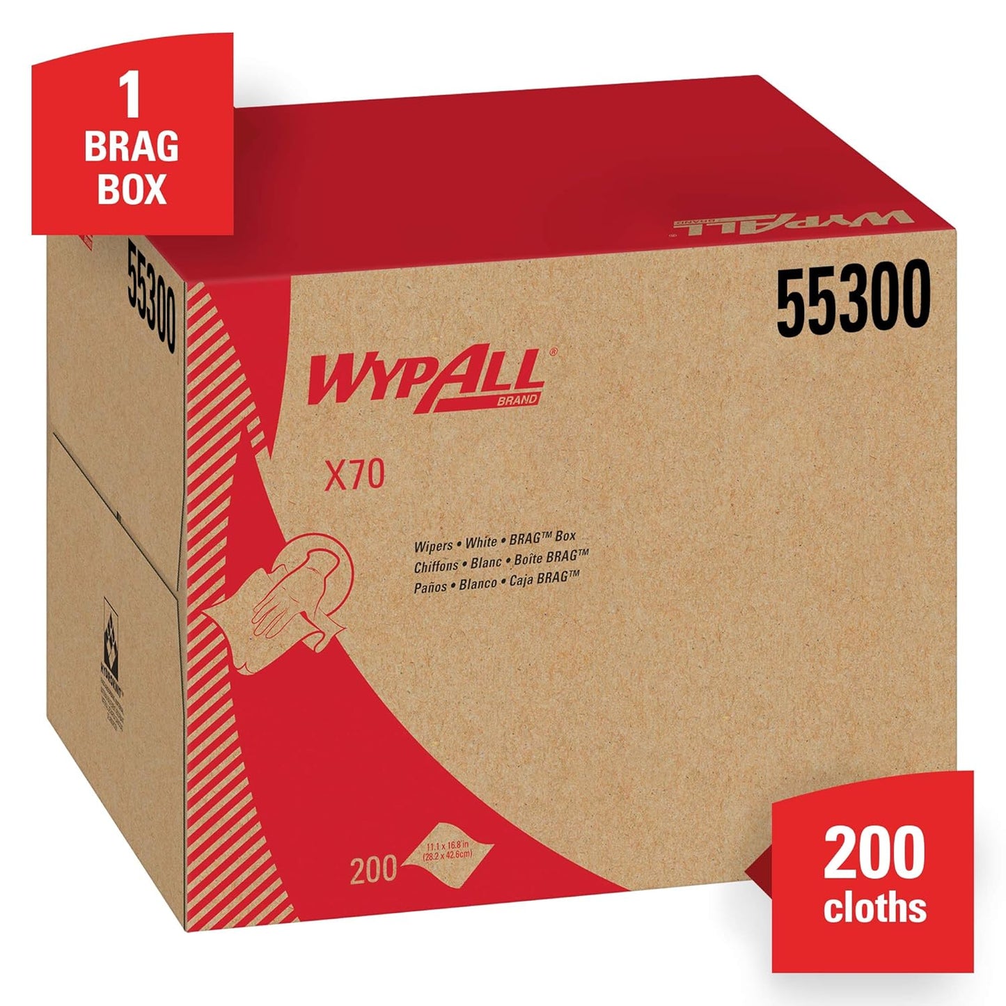 WypAll Power Clean X70 Medium Duty Cloths (55300), Brag Box, White, 1 Box with 200 Sheets