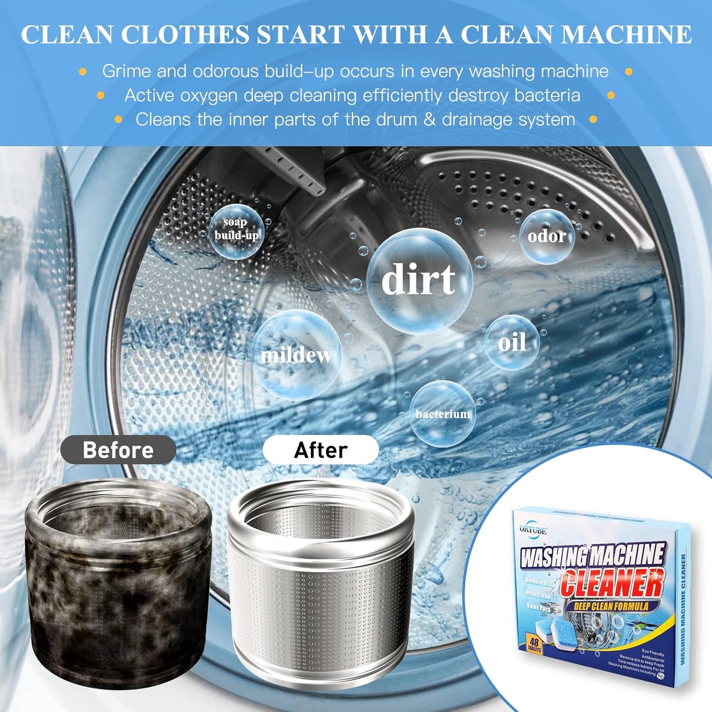 48 Pack Washing Machine Cleaner - Deep Cleaning Formula Tablets for Front and Top Loader Washer Machines